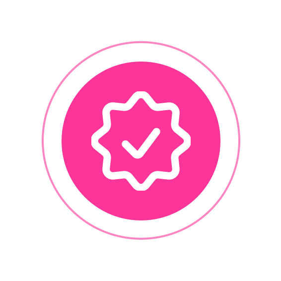 Pink checkmark badge on black background.
