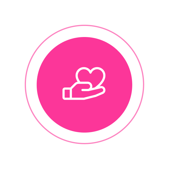 Hand holding heart icon on pink circle.